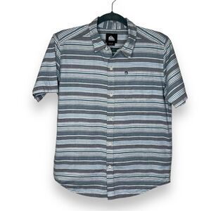 Quicksilver Stripe Short Sleeve Button Front Cotton Gray White Blue Men Large